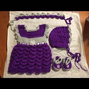 Never worn hand made baby girl dress, bonnet, headband and booties